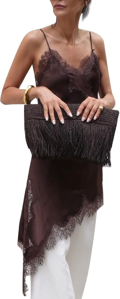 Amiblvowa Women Lace Mini Slip Dress Satin Spaghetti Strap Asymmetrical Dress Sexy Low Cut V Neck... | Amazon (US)