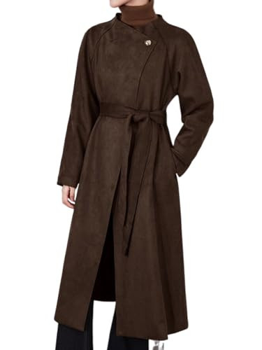 utcoco Womens Faux Suede Long Trench Coat Open Front Leather Trench Overcoat with Belt (Medium, Dark Brown) | Amazon (US)