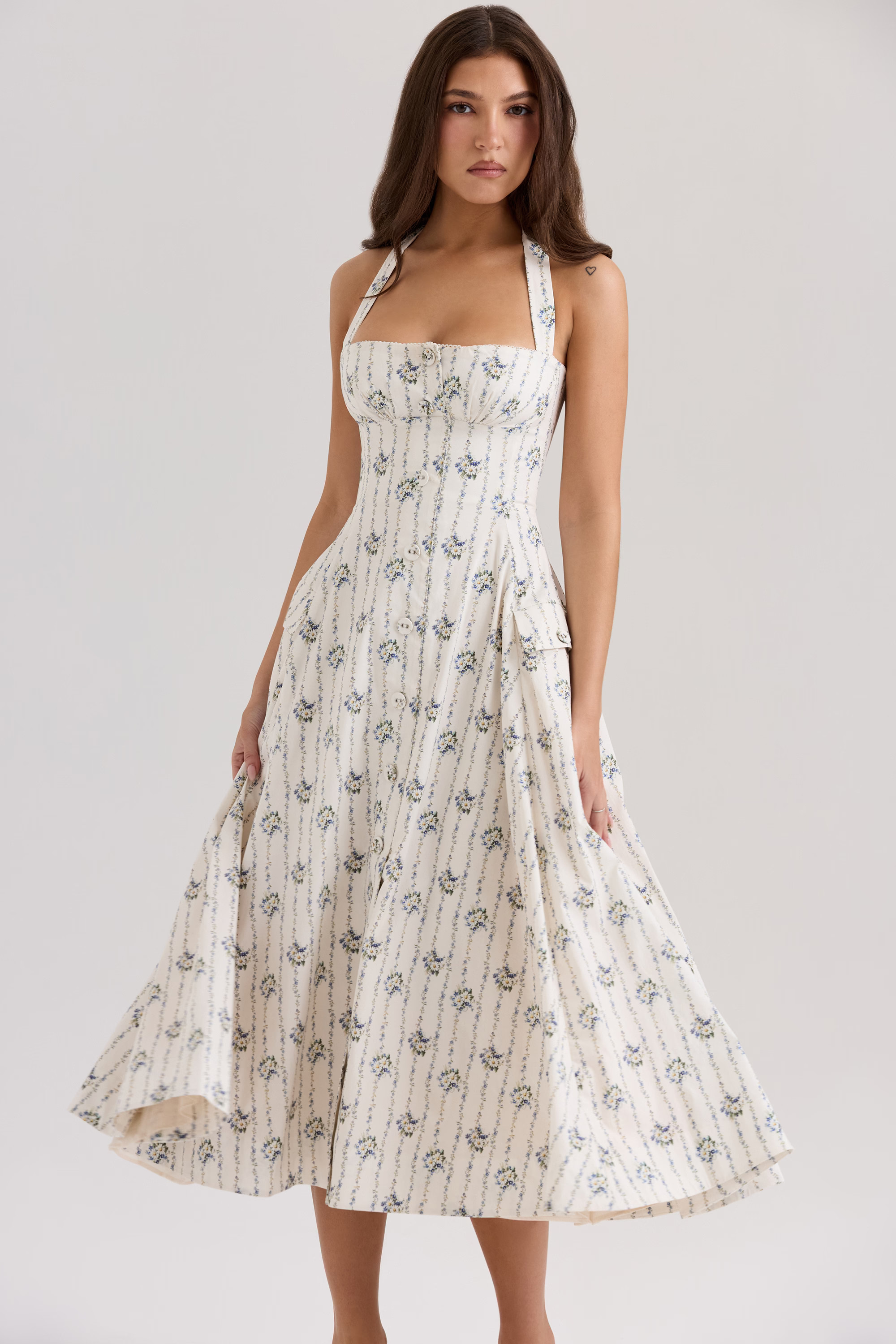 cream daisy print stretch cotton halter neck midi dress | House of CB