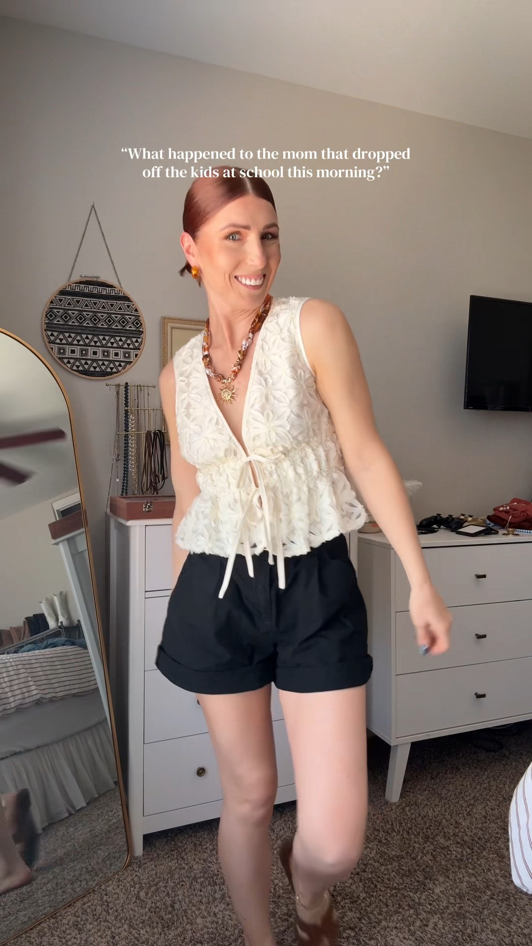 Tie front tank top size small but could have gone with a medium becasue it’s a smidge tight under the armpits. 

Black pleated shorts are longer but I rolled them up and could have sized down to a small but am wearing a medium. 

Sandals are perfect for spring and summer- tts.

Jewelry is so fun and colorful - satin scarf with sun pendant and amber hoops!

#LTKmomlife #LTKootd #LTKPetite