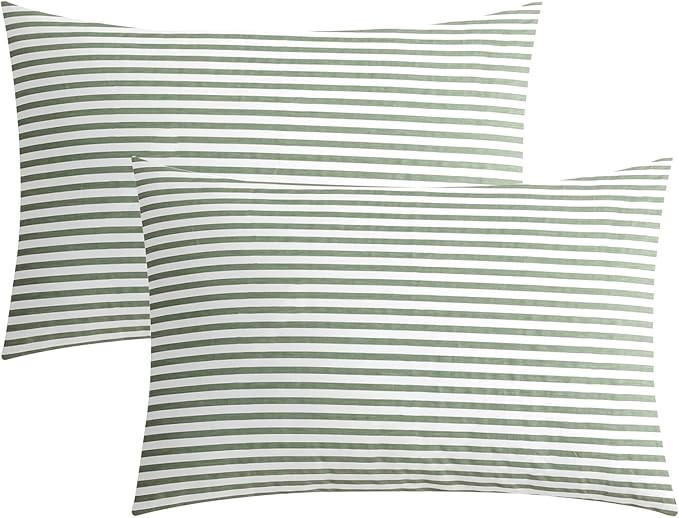 JELLYMONI 100% Natural Cotton Striped Standard Pillowcases Set, 2 Pack White and Green Stripes Pa... | Amazon (US)