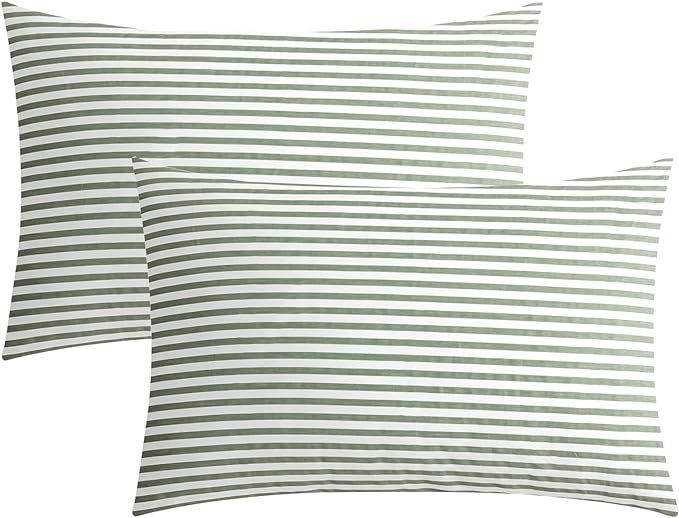JELLYMONI 100% Natural Cotton Striped Standard Pillowcases Set, 2 Pack White and Green Stripes Pa... | Amazon (US)
