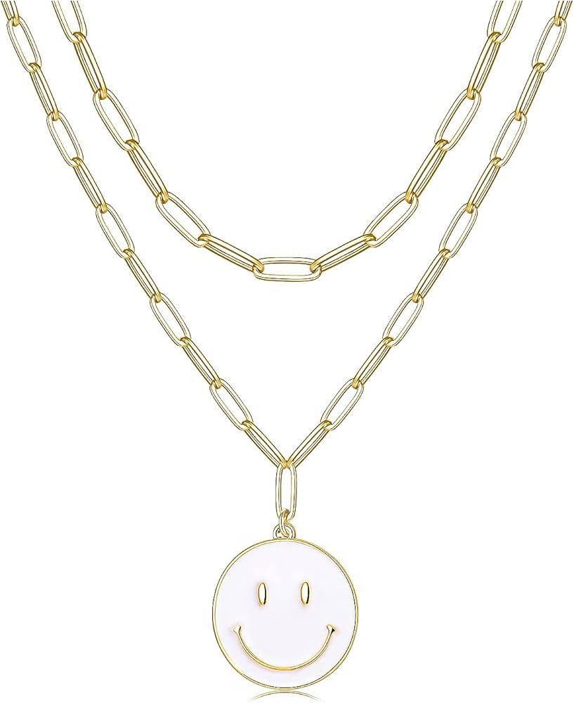NVENF Layered Happy Face Necklaces, 14K Gold Paperclip Chain Necklace Cute Enamel Rhinestone Happ... | Amazon (US)