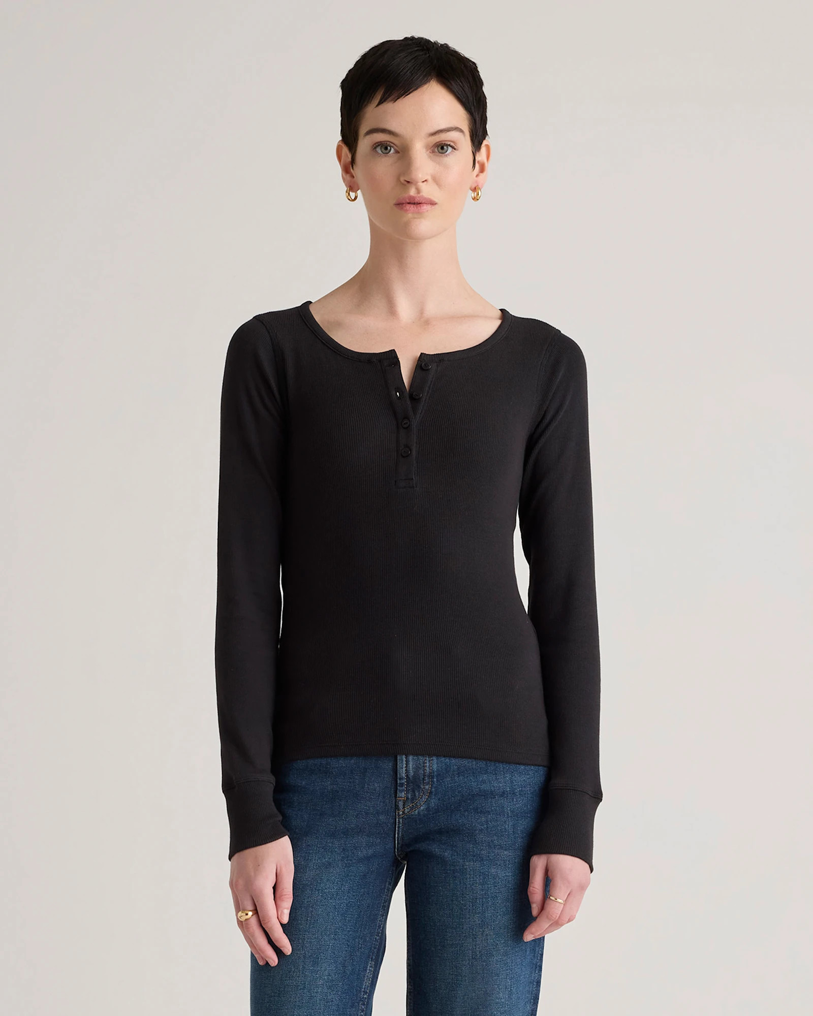 Quince | Women's Micro-Rib Henley Long Sleeve T-Shirt in Black, Size XL, Organic Cotton | Quince