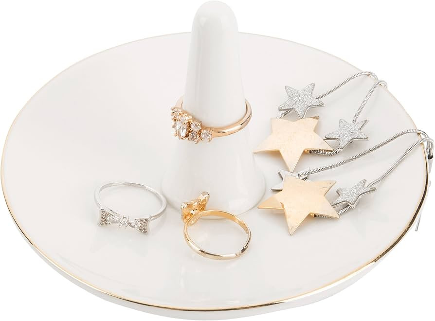 MyGift White Ceramic Ring Dish Holder, Jewelry Engagement Ring Holder, Trinket Tray with Gold Tri... | Amazon (US)