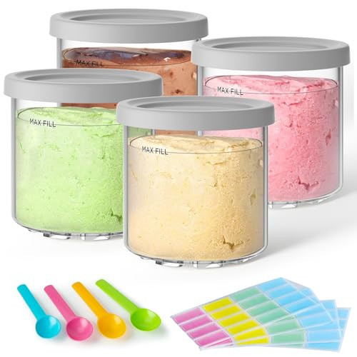 4 Pack Creami Pint Containers and Lids for Ninja with 4 spoons and writable labels, Compatible with Ninja NC299 NC300 NC301 Series Creami Maker Machine Accessories, BPA Free & Dishwasher Safe, Grey | Amazon (US)