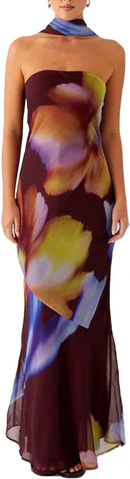 Women Strapless Floral Dress with Sarf Mesh Tube Maxi Dress Summer Cocktail Wedding Guest | Amazon (US)