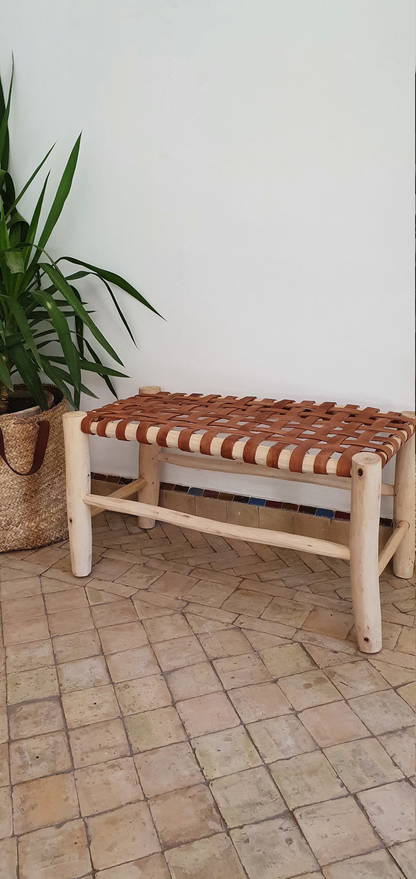 Moroccan bench made of solid wood and camel leather 75cm / 98cm | Etsy (US)