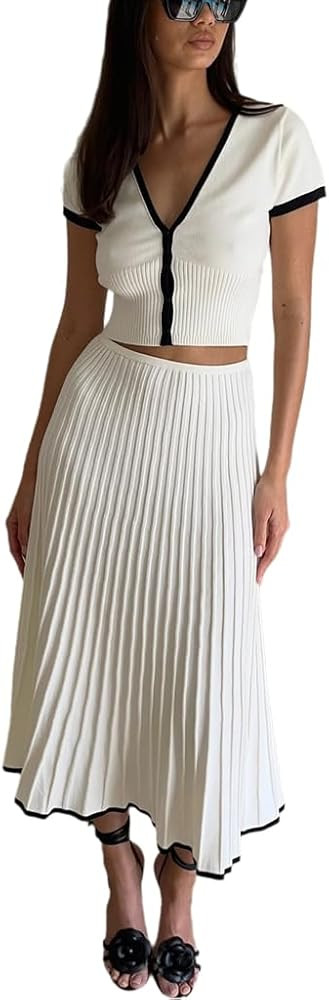 Wuitrie Womens Skirt Set Knit Short Sleeve V-Neck Colorblocked Top Elastic Waist Pleated Long Ski... | Amazon (US)