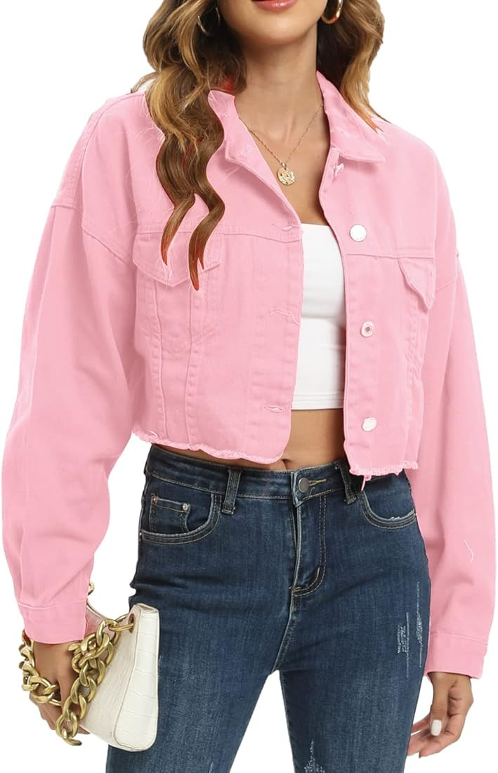 Gacaky Womens Casual Solid Color Ripped Distressed Cropped Denim Jean Jacket Coat With Frayed Hem | Amazon (US)