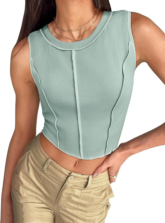 ZESICA Womens Crop Tank Top 2024 Summer Sleeveless Crew Neck Seam Waffle Knit Slim Fitted Y2k Top... | Amazon (US)