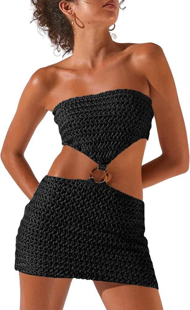 Women Knitted Cut Out Mini Dress Strapless Off Shoulder Crotchet Ring Link Bodycon Beach Dress Cl... | Amazon (US)
