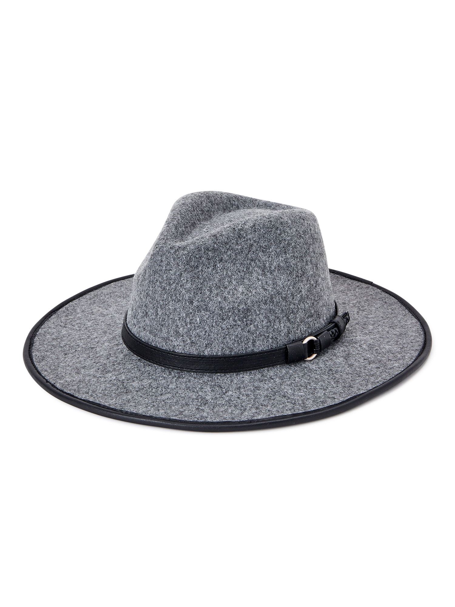 Time and Tru Adult Women's Heather Grey Faux Leather Trim Fedora with O-Ring - Walmart.com | Walmart (US)