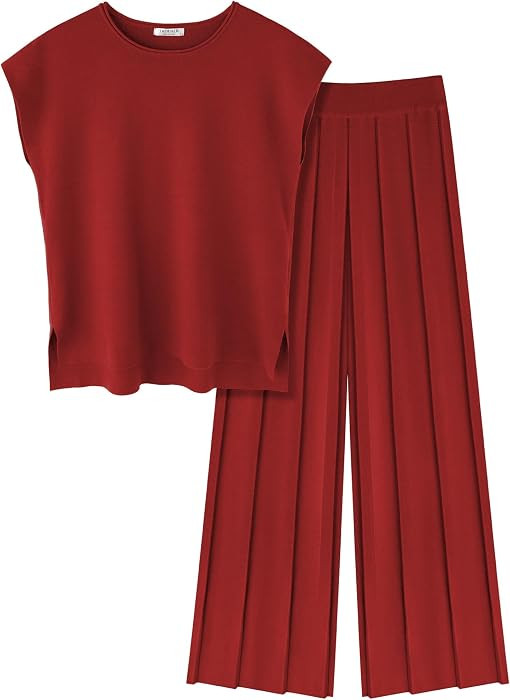 Ekouaer Lounge Sets for Women Two Piece Outfits Knit Cap Sleeve Tops Wide Leg Pleated Pants Casual Dressy Sweater Sets | Amazon (US)