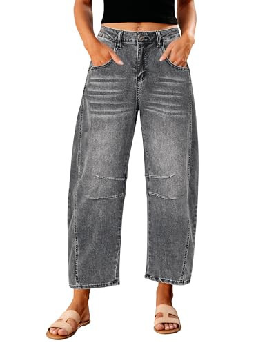 GRAPENT Women's Foxy Gray Large Size 12/14 High Waisted Ankle Cropped Barrel Jeans | Amazon (US)