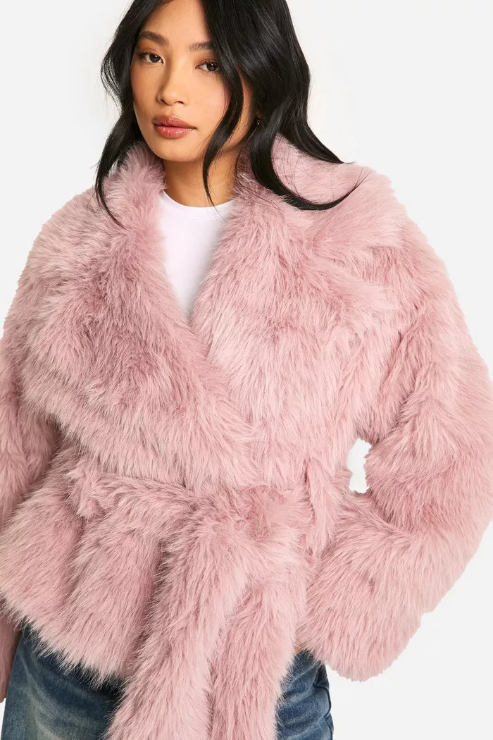 Petite Belted Faux Fur Jacket | boohoo (US & Canada)