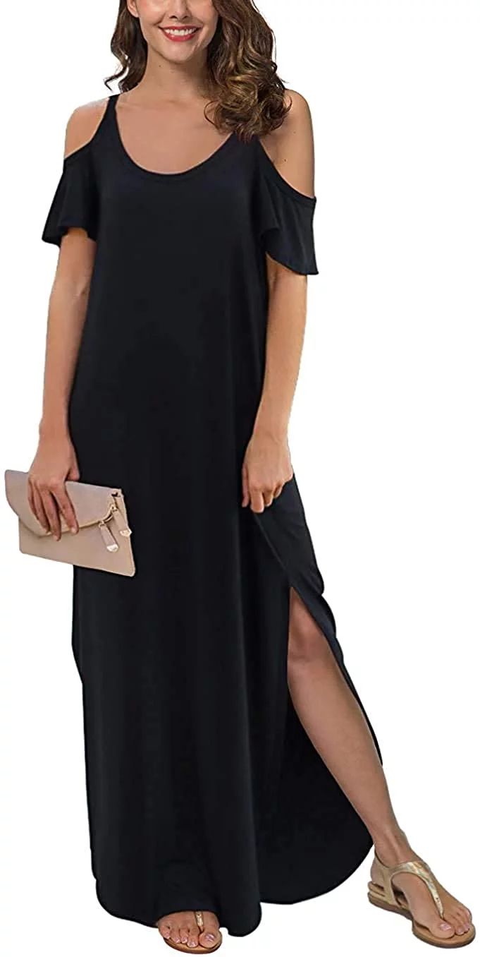 Aiyino Women's Summer Casual Loose Long Dress Strapless Strap Cold Shoulder Short Sleeve Split Ma... | Walmart (US)