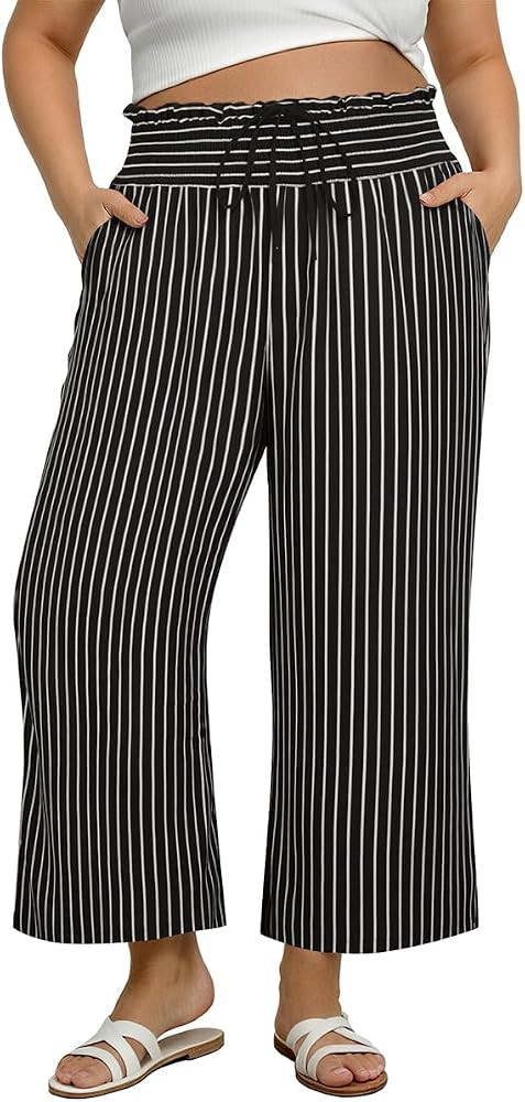 CARCOS Plus Size Pants Summer Palazzo Wide Leg Pants Smocked High Waist Ankle Beach Lounge Trouse... | Amazon (US)