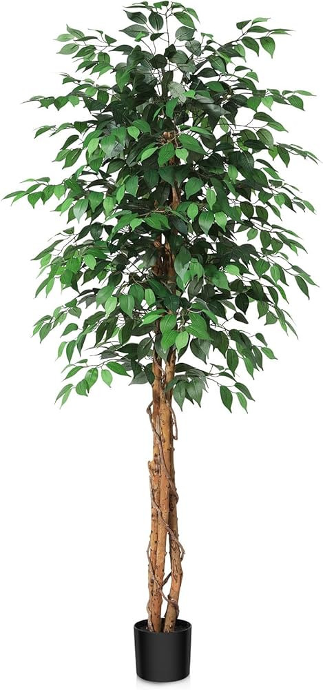 6ft Artificial Ficus Tree with Natural Wood Trunk, Silk Fake Ficus Tree in Plastic Nursery Pot, F... | Amazon (US)
