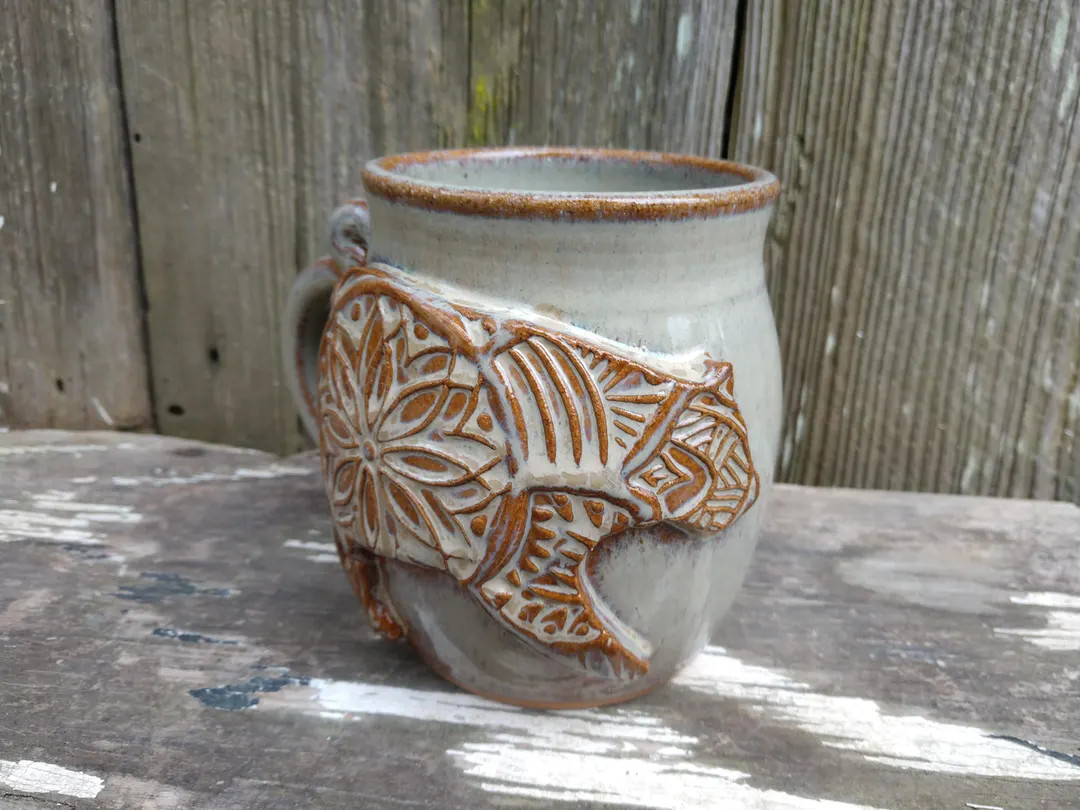 Stamped Pottery Bear Mug, Mandala Design - Etsy | Etsy (US)