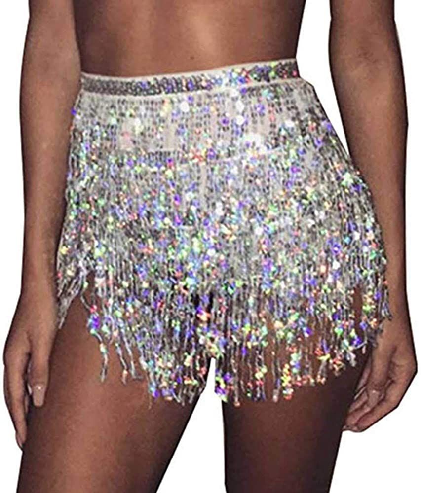Belly Dance Hip Skirt Tassel Scarf Sequin Wrap Rave Costume for Women | Amazon (US)