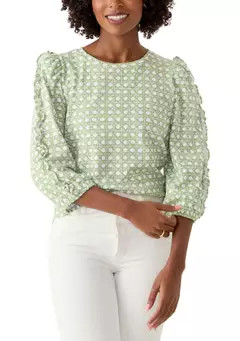 Crown & Ivy™ Women's Ruched Sleeve Puff Shoulder Printed Top | Belk
