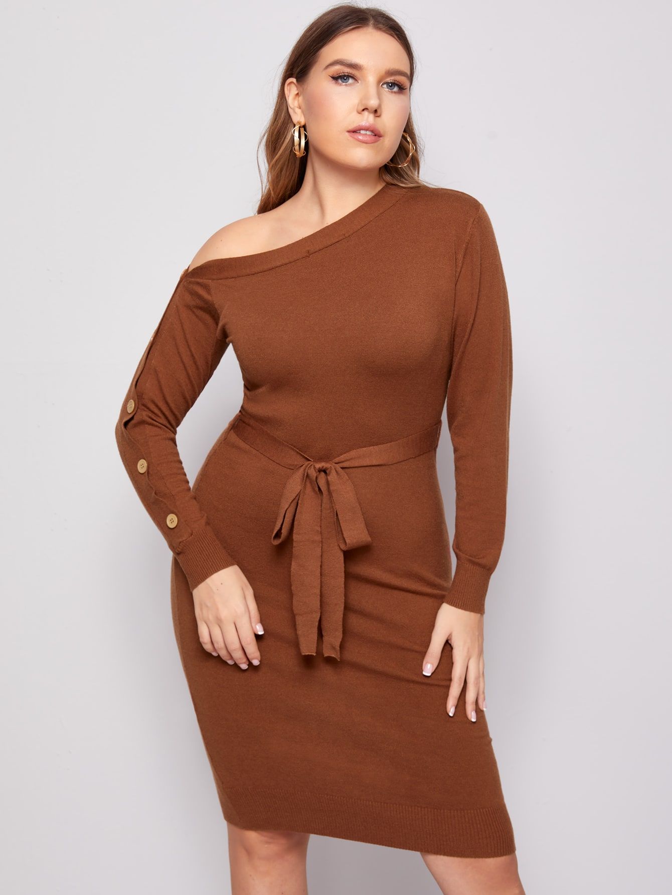 SHEIN Plus Asymmetrical Neck Buttoned Sleeve Self Belted Sweater Dress | SHEIN