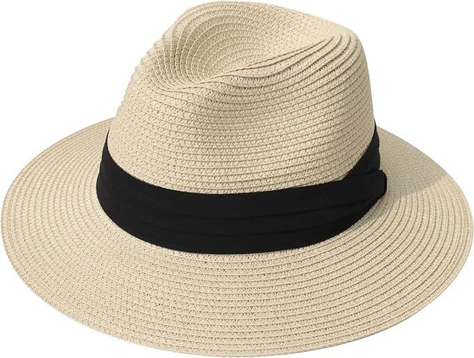 DRESHOW Women Straw Panama Hat Fedora Beach Sun Hat Wide Brim Straw Roll up Hat UPF 50+ | Amazon (UK)