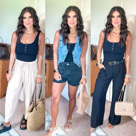 3 ways to style this great shapewear bodysuit! 

I’m in size xs/s in the bodysuit, size small long in the trousers, size medium in the shorts, and size small in the denim vest and pants. Sized up half size in clear platform sandals!

#LTKSeasonal #LTKFindsUnder100