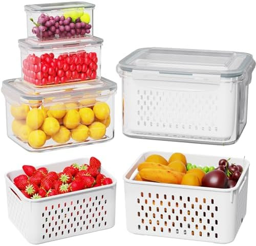 4 Pcs Fruit Storage Containers for Fridge (with Drain Basket) - Leak-Proof Food Containers, BPA-F... | Amazon (US)