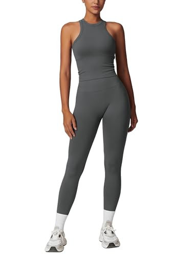 ABOCIW Workout Sets for Women, Ribbed Racerback Tank Top Bra Seamless Scrunch Butt Lifting High Waist Leggings 2 Piece Gym Yoga Outfits Tank Dark Gray Small | Amazon (US)