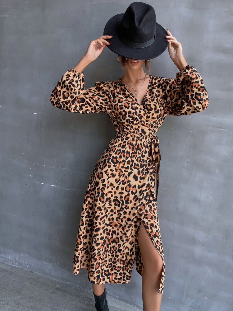 Leopard Print Lantern Sleeve Tie Side Wrap Dress | SHEIN