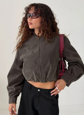 Mastery Faux Suede Bomber Jacket Charcoal | Princess Polly US
