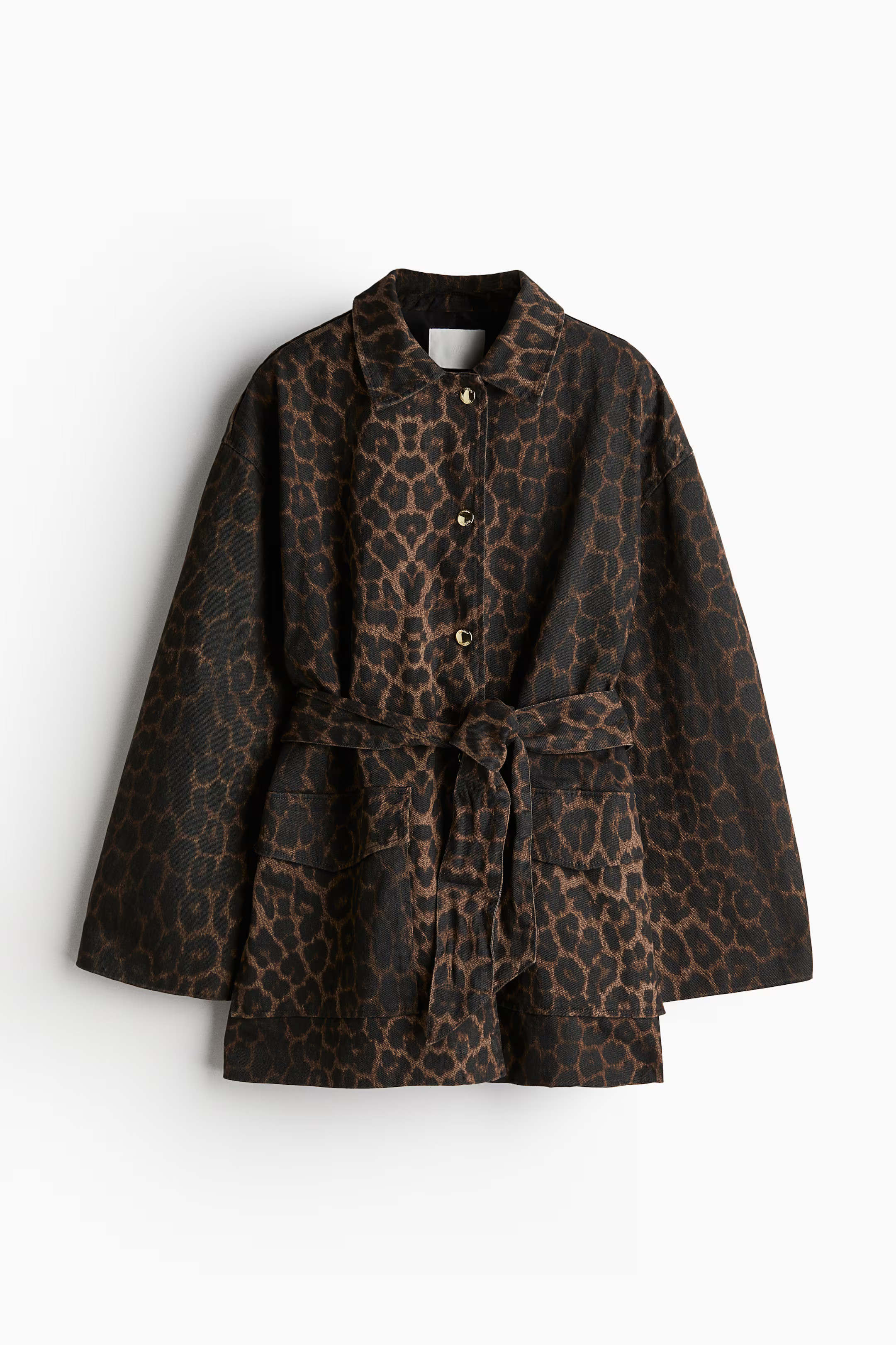 Tie-belt denim jacket - Dark brown/Leopard print - Ladies | H&M GB | H&M (UK, MY, IN, SG, PH, TW, HK)