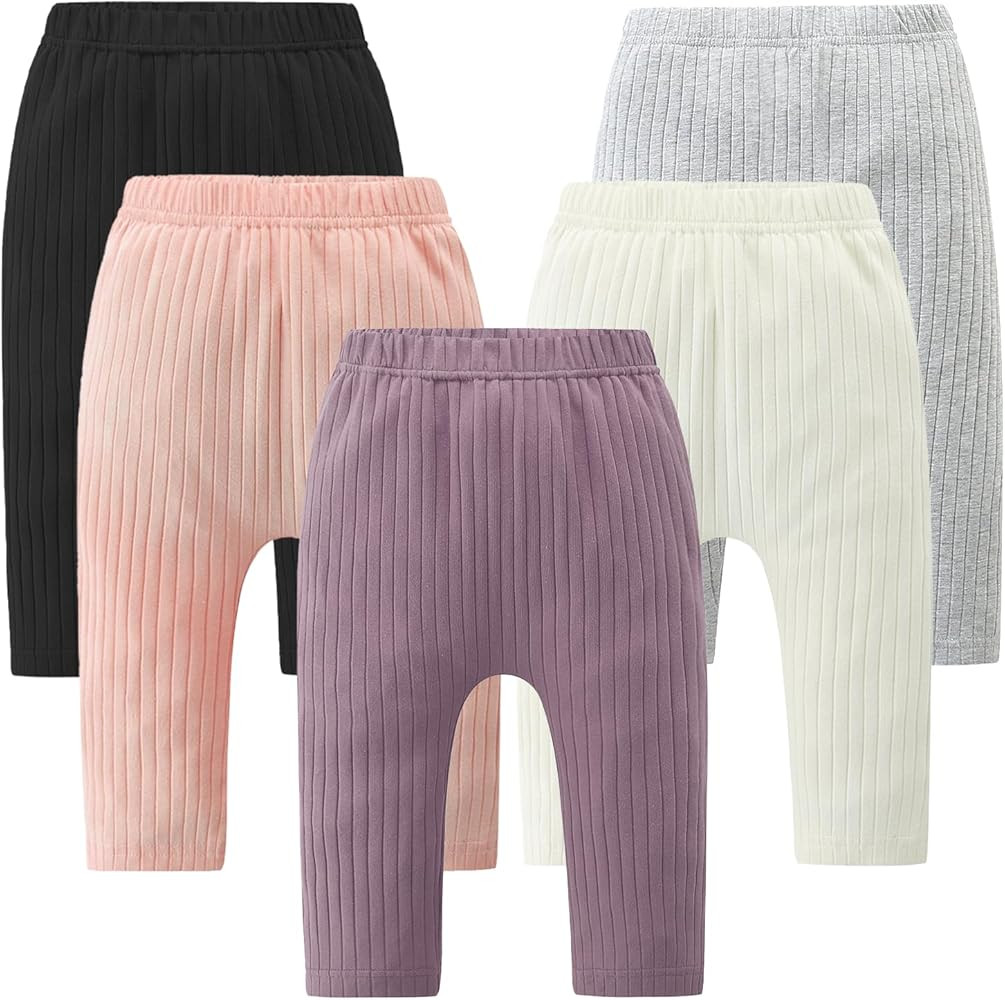 Baby and Toddler Girl's 5 Pack Cotton Ribbed Pull On Pants Leggings 0-4 Years | Amazon (US)