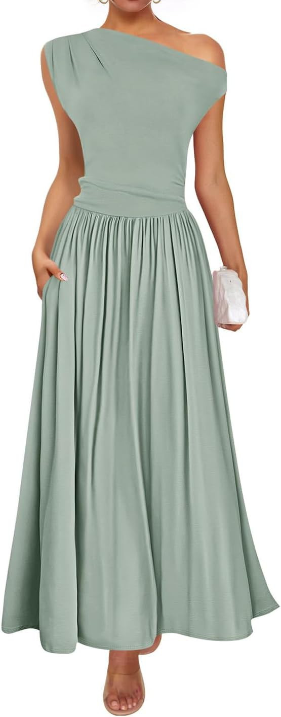 ZESICA Women's Summer 2025 Sleeveless Maxi Dress One Shoulder Casual Slim Swing Pleated Dresses w... | Amazon (US)