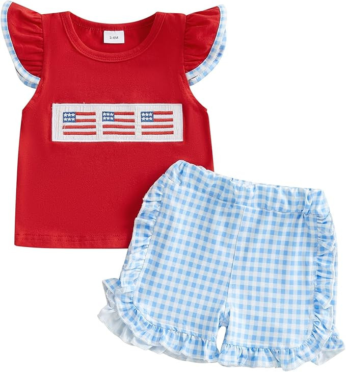 Toddler Girl 4th of July Outfits American Flag Embroidery Ruffle Sleeve T-Shirt Plaid Shorts Set ... | Amazon (US)
