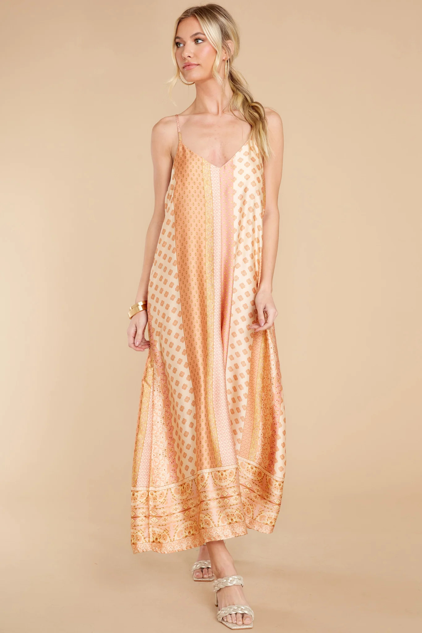 Going Abroad Apricot Multi Print Jumpsuit | Red Dress 