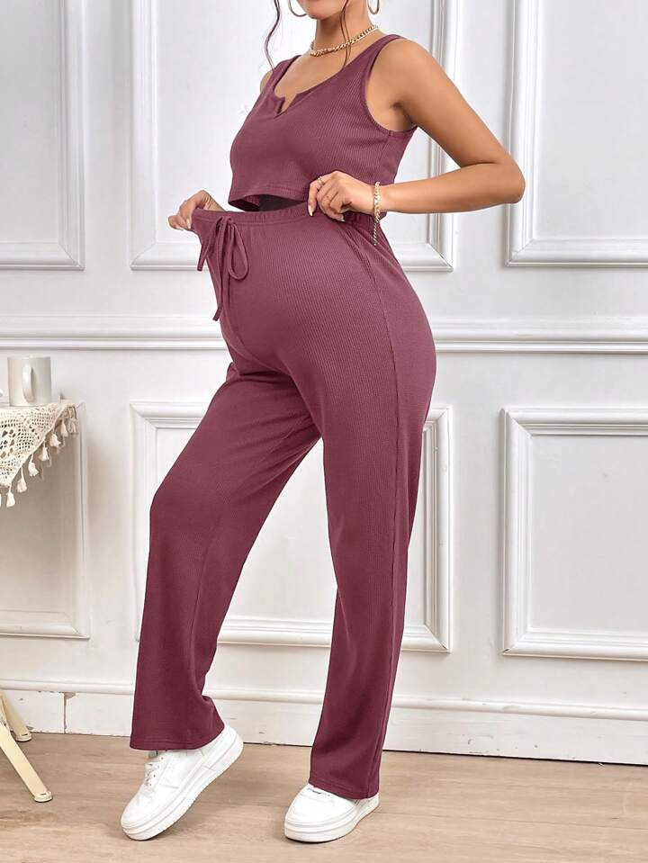 SHEIN Maternity Notched Neck Tank Top & Drawstring Waist Pants | SHEIN
