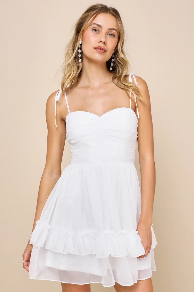 Angelic Approach White Chiffon Ruffled Tie-Strap Mini Dress | Lulus