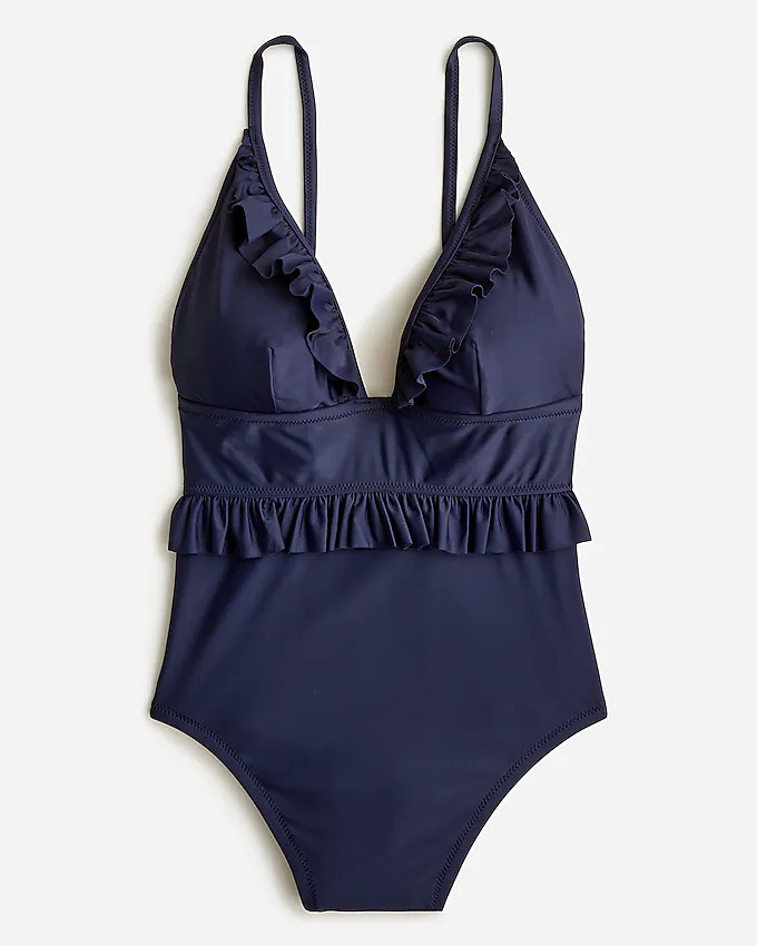 Long-torso ruffle plunge V-neck one-piece | J. Crew US