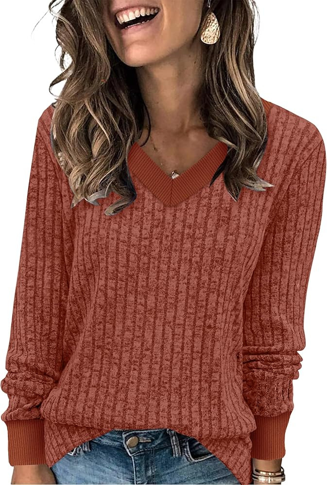 SAMPEEL Women's V Neck Color Block Long Sleeve Shirts–Casual Fall Tops, Lightweight Tunic Sweat... | Amazon (US)