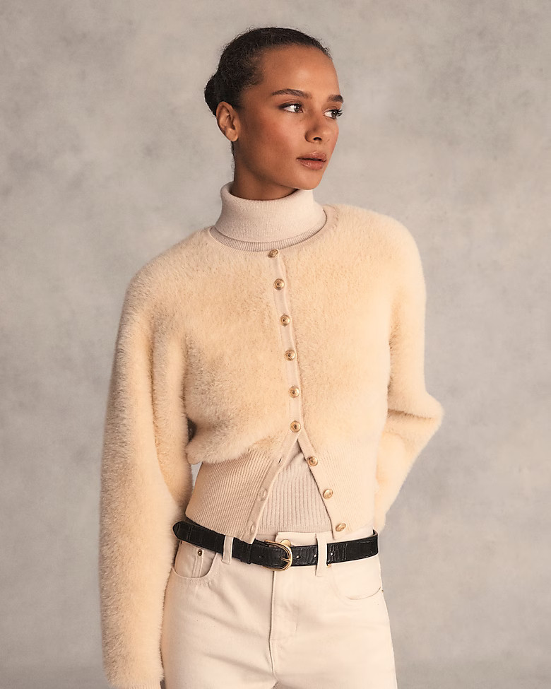 Fitted-waist cardigan sweater in fuzzy yarn | J. Crew US