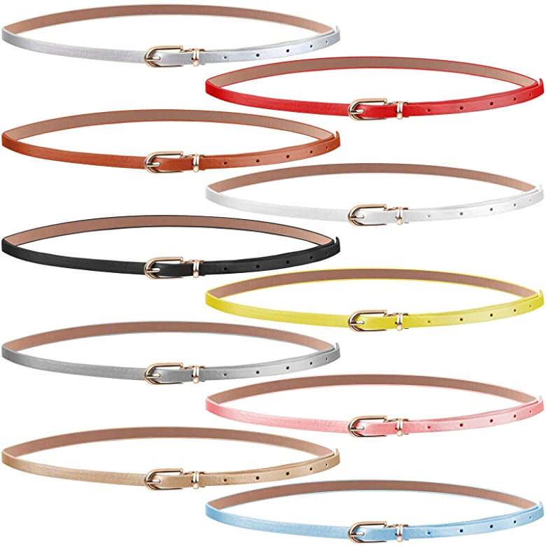Set of 10 Womens Thin Belts Women Skinny PU Leather Belt Adjustable Thin Waist Belt | Amazon (US)