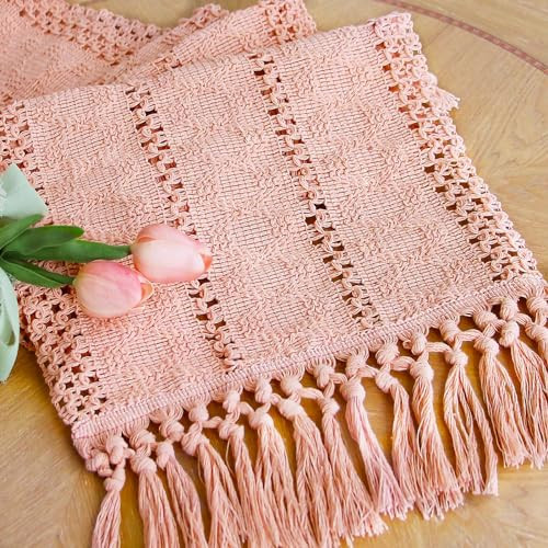 FEXIA Pink Table Runner 72 Inches Long Boho Macrame Table Runner for Summer Pink Room Decor Farmhouse Table Runner with Tassels for Dining Bedroom Decor Rustic Bridal Shower (12x72 Inches) | Amazon (US)