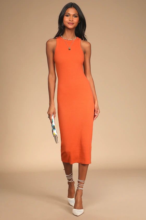 Majorly Trendy Orange Ribbed Bodycon Midi Dress | Lulus (US)