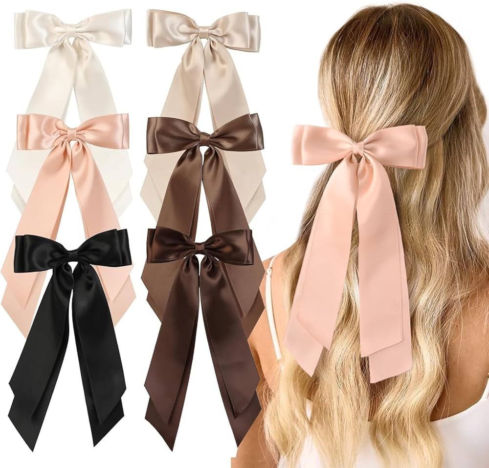 6PCS Silky Satin Hair Bows, Bow Hair Clips with Long Tail, Hair Ribbon Ponytail Holder Accessorie... | Amazon (US)