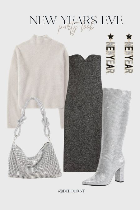 New Year’s Eve outfit idea, Abercrombie sparkly strapless sweater dress paired with a sweater and dressed up with fun sparkly boots ,sparkly New Years bag and New Year earrings 

#LTKunder50 #LTKHoliday #LTKstyletip