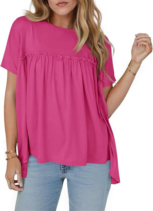 Cicy Bell Women Summer Babydoll Tops Pleated Short Sleeve Crew Neck Peplum Blouse Casual Loose Fi... | Amazon (US)