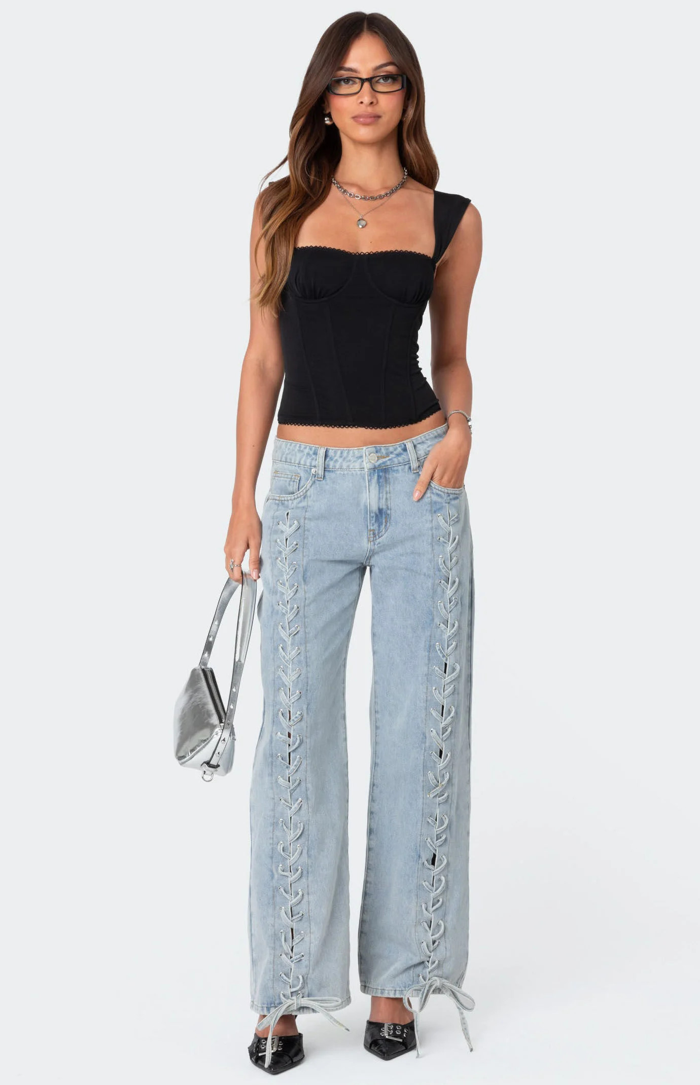 Edikted Women's Laced Up Low Rise Jeans in Light Blue - Size Small | PacSun
